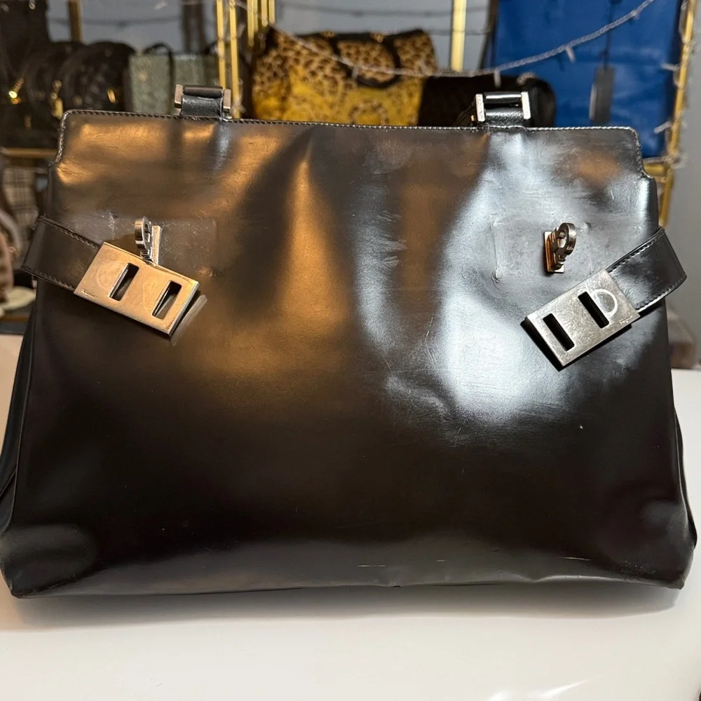 Ferragamo Black Leather Gancini Handbag Shoulder Tote - Picture 8 of 12